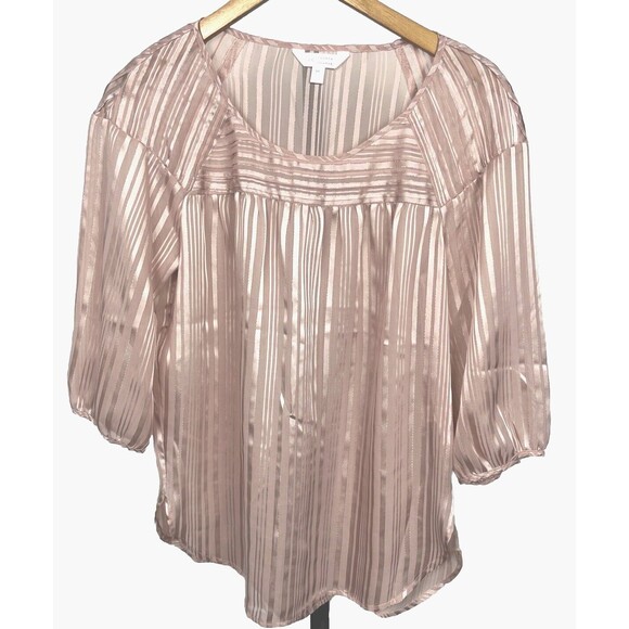 LC Lauren Conrad Top Puff Balloon Sleeve Pink Sheer Striped Blouse Medium Career - Picture 2 of 4